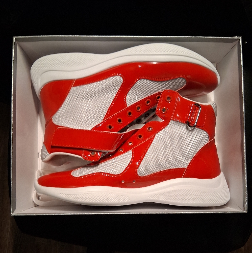 Mens Prada America's Cup Red and White High-Top Sneakers